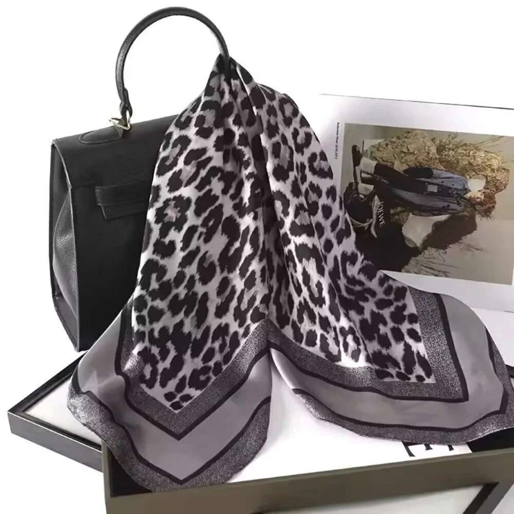 NWT Leopard Print Square Scarf Gray Silk Satin Fashion Neck Hair Accessory
